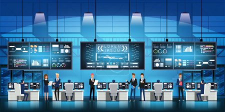 Illustration for Professional IT engineers in big data center work on new technology government project with server rooms and computers System Control Center Full of Monitors - Royalty Free Image