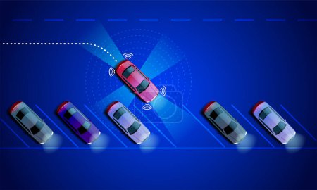 Illustration for Smart car is automatically parked in the Parking lot, the view from the top. Parking Assist system security scans the road. Vector illustration. - Royalty Free Image