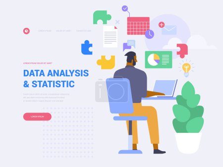 Illustration for Data analytics landing page vector template. Business statistics website homepage interface idea with flat illustrations. Financial audit. Company performance analysis web banner cartoon concept - Royalty Free Image