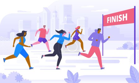 Marathon competition, outdoor workout or exercise, athletics. Men and women dressed in sportswear jogging or running through park. Healthy active lifestyle. Flat cartoon colorful vector illustration.