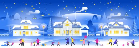 Illustration for Snowy night with people in cozy town city panorama Winter town village landscape at night with christmas tree and snow Suburb background, postcard, website, header, congratulation, printed material - Royalty Free Image