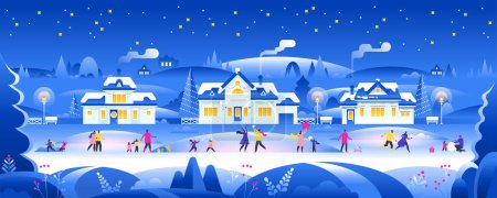 Illustration for Snowy night with people in cozy town city panorama Winter town village landscape at night with christmas tree and snow Suburb background, postcard, website, header, congratulation, printed material - Royalty Free Image