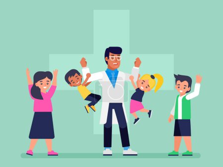 Pediatrician doctor and happy healthy kids. Childrens healthcare vector concept. Pediatrician medical, doctor and children. Vector flat illustration