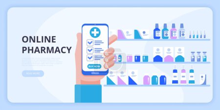 Hand holding smartphone buy online medicine. The concept of online pharmacy. Vector illustration in flat style