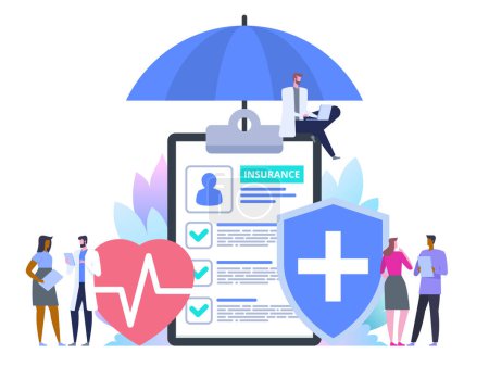 Illustration for Health insurance protection. Care medical with decorated small people character. Filling medical documents. Healthcare concept. Vector illustration flat design style - Royalty Free Image