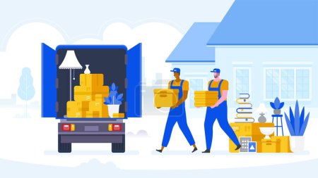 Moving house service. Moving with sofa and various boxes to new home. Pile of stacked cardboard boxes. Vector stock illustration in flat style.