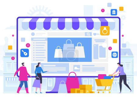 Illustration for Online Shopping and Delivery of Purchases. Ecommerce Sales, Digital Marketing. Sale and Consumerism Concept. Online Shop Application. Digital Technologies and Shoppin. Flat style Vector Illustration. - Royalty Free Image