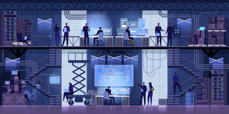 Professional IT Engineers Working in System Control Center Full of Monitors and Servers. Supervisor Holds Laptop and Holds a Briefing. Possibly Government Agency Conducts Investigation. Vector illustration