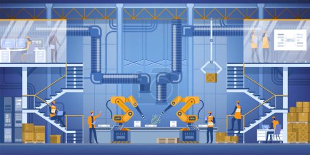 Illustration for Smart factory interior with robotic arms, workers, engeneers and manager. Smart industry 4.0. High detailed vector illustration - Royalty Free Image