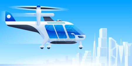Illustration for Futuristic air taxi flat vector illustration. Self driving passenger drone, driverless vtol. City travel, urban transportation. Flying cab delivery service. Autonomous flying vehicle, helicopter - Royalty Free Image