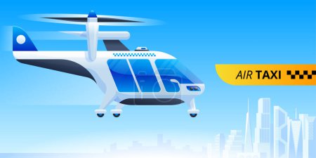 Illustration for Air taxi service flat banner vector template. Futuristic transportation, city travel. Flying cab express delivery advertising poster layout. Electric aircraft, helicopter illustration with typography - Royalty Free Image