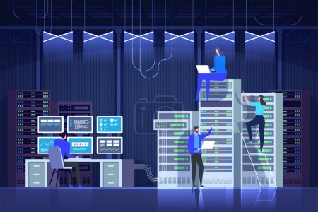 Server room. System administration. Control center. People working and managing IT technology. Vector flat illustration