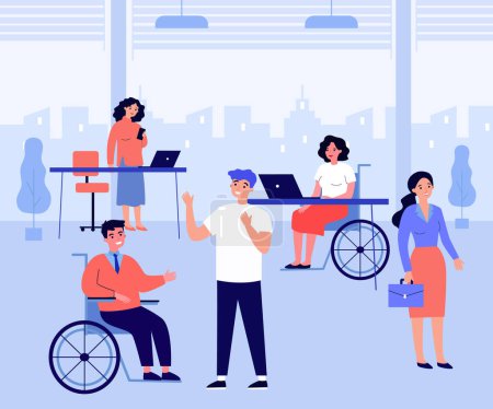 Accessible workplace with employees in wheelchairs. Office worker in wheelchair talking to colleague flat vector illustration. Accessibility concept for banner, website design or landing web page