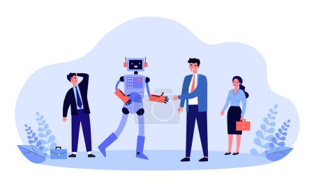 Boss shaking hands with robot, standing near office workers. AI replacing human employees flat vector illustration. Unemployment, automation concept for banner, website design or landing web page