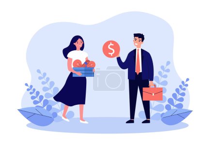 Businessman giving money for new ideas to employee. Woman holding box of lightbulbs in hands flat vector illustration. Labor, benefit, salary concept for banner, website design or landing web page