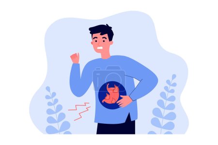 Illustration for Cartoon man suffering from stomachache or heartburn. Male character having problem with digestive system flat vector illustration. Health, disease concept for banner, website design or landing page - Royalty Free Image