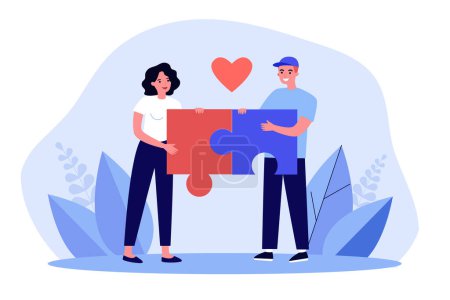 Illustration for Couple connecting puzzle of relationship. Man and woman holding puzzle pieces together flat vector illustration. Relationship, romance, love concept for banner, website design or landing web page - Royalty Free Image