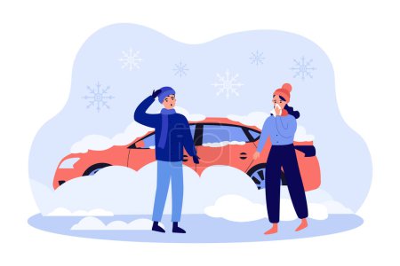 Téléchargez les illustrations : Couple avec voiture enterrée sous la neige, recouverte de neige. Homme et femme sur l'illustration vectorielle plate de rue enneigée. Concept d'accident hivernal pour bannière, conception de site Web ou page Web d'atterrissage - en licence libre de droit