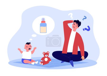 Illustration for Crying baby sitting with father who doesnt know what to do. Kid wanting milk bottle flat vector illustration. Parenthood, caring about newborn concept for banner, website design or landing web page - Royalty Free Image
