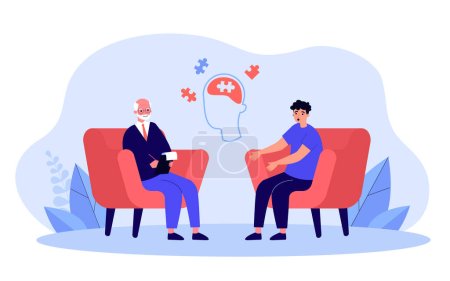 Illustration for Doctor and patient putting brain puzzle in head together. Man visiting psychiatrist flat vector illustration. Mental health, psychology, therapy concept for banner, website design or landing web page - Royalty Free Image