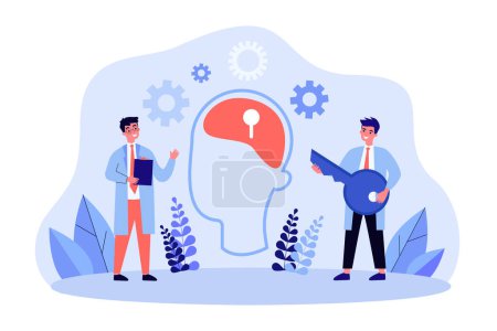 Doctors with key seeking access to brain of patient. Tiny people standing near abstract head flat vector illustration. Psychology, mental health concept for banner, website design or landing web page