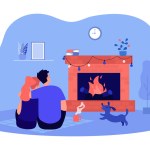 Embraces of couple sitting on floor near fireplace at home. Cozy evening time by fireside of people and dog flat vector illustration. Love concept for banner, website design or landing web page