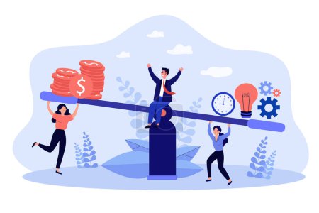 Illustration for Employees with unbalanced scales, light bulb vs money. Weight of people ideas and time greater flat vector illustration. Salary, finance concept for banner, website design or landing web page - Royalty Free Image
