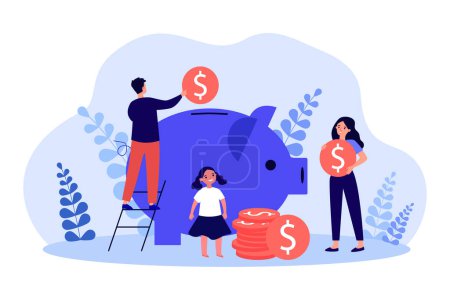Family putting money coins in piggy bank. Tiny father, mother and child investing in future flat vector illustration. Family budget, savings concept for banner, website design or landing web page