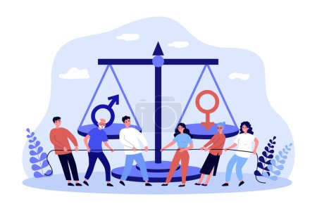 Fight for equal rights of male and female characters. Team of men and women pulling rope flat vector illustration. Gender equality, tug of war concept for banner, website design or landing web page