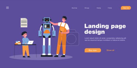 Photo for Happy father and son making robot together. Man with screwdriver, child programming machine on laptop flat vector illustration. Technology, education concept for banner, website design or landing page - Royalty Free Image