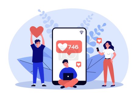 Illustration for Happy followers giving likes to viral content of influencer. Tiny people holding heart in hand flat vector illustration. Loyalty of blog audience concept for banner, website design or landing web page - Royalty Free Image