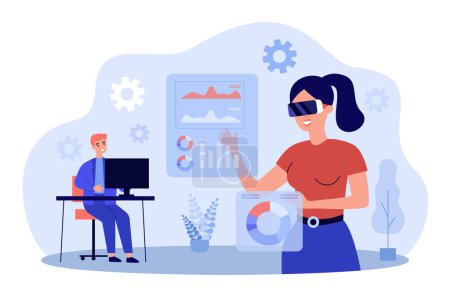 Illustration for Interactive work of woman with VR glasses in virtual reality. People in futuristic workspace flat vector illustration. AR technology, future concept for banner, website design or landing web page - Royalty Free Image