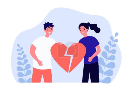 Illustration for Man and woman holding broken heart together. Breakup of two ex smiling partners flat vector illustration. Love, divorce, reunion and relationship concept for banner, website design or landing web page - Royalty Free Image