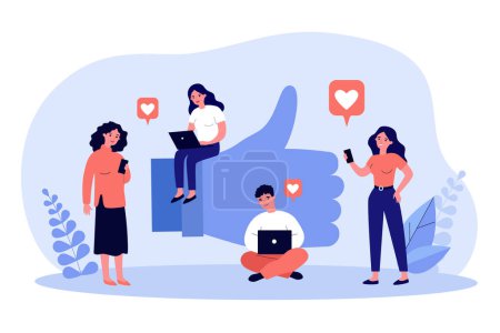 Illustration for People holding electronic device and liking photos, posts and comments. Modern characters scrolling networks flat vector illustration. Social media concept for banner, website design, landing web page - Royalty Free Image