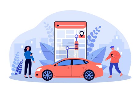 Illustration for People holding smartphones with gps map. Tiny man and woman using mobile app for tracking car flat vector illustration. Navigation service concept for banner, website design or landing web page - Royalty Free Image