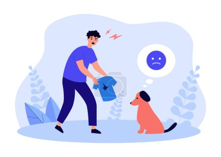 Illustration for Pet owner angry at guilty dog for damaged clothes. Man scolding puppy for destroying shirt flat vector illustration. Bad behavior of naughty dog concept for banner, website design or landing web page - Royalty Free Image