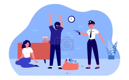 Police officer threatening thief robbing bank. Security catching arresting man criminal in mask. Organized violence stealing money. Cartoon flat vector illustration. Web page landing.
