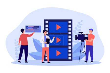 Professional operator recording interview, speech of journalist. Man with camera and filmstrip flat vector illustration. Video production concept for banner, website design or landing web page
