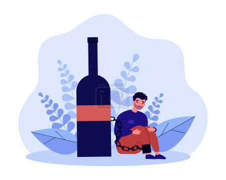 Illustration for Sad alcoholic chained to bottle of wine. Man addicted to drinking sitting on floor with chain around leg flat vector illustration. Alcohol, addiction concept for banner, website design or landing page - Royalty Free Image
