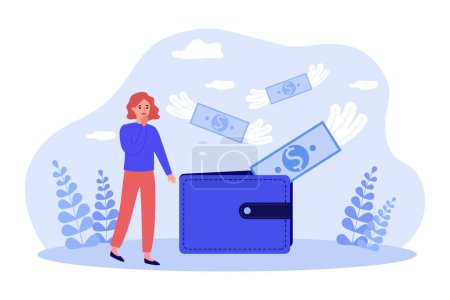 Sad woman with money flying away from wallet. Tiny person under stress from losing money flat vector illustration. Bankruptcy, financial crisis concept for banner, website design or landing web page