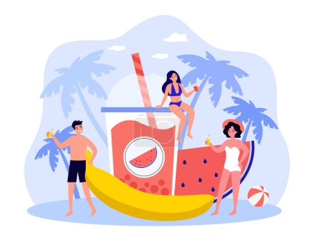 Illustration for Tiny people in swimwear enjoy summer vacation. Smiling friends in swimsuit drinking cocktails relaxing on resort in tropical exotic place. Cartoon vector flat illustration. Holiday concept. - Royalty Free Image