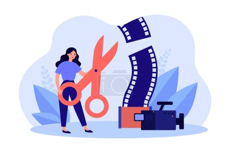 Video editing by producer with scissors and camera. Woman using editor and cutting film flat vector illustration. Movie production, multimedia concept for banner, website design or landing web page