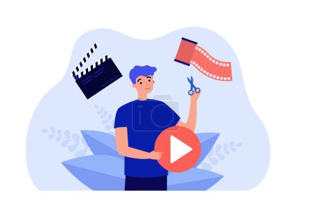Video editing and movie digital production by people. Man holding scissors, creating digital content flat vector illustration. Software editor concept for banner, website design or landing web page