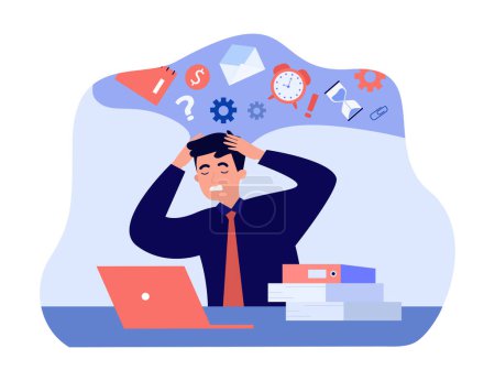 Illustration for Work overload of tired employee working lot in office. Excess of paperwork for overwhelmed man flat vector illustration. Burnout, multitasking concept for banner, website design or landing web page - Royalty Free Image