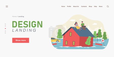 Illustration for Flood victims sitting on roof of house. Flat vector illustration. Man and woman waiting for help while car, trees, road signs drowning in water. Emergency, natural disaster, flood, rescue concept - Royalty Free Image