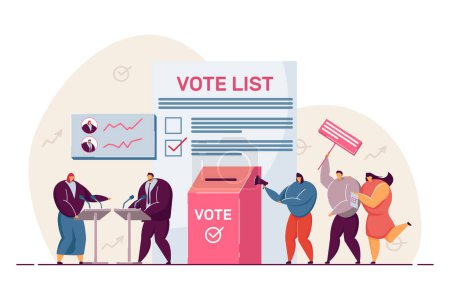 Political debates and voting, balloting citizens. Flat vector illustration. Holding election or referendum campaign, making civic choice or opinion. Voting, constitution, politics, democracy concept