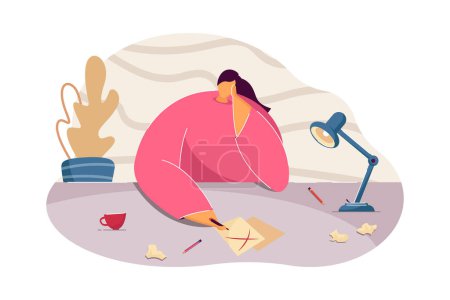 Illustration for Young woman thinking of work. Female with clean sheet of paper on table, workplace flat vector illustration. Writer block, crisis, freelance concept for banner, website design or landing web page - Royalty Free Image