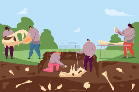 Illustration for Archaeologists discovering ancient fossils in ground. Flat vector illustration. Cartoon people finding dinosaur bones and skeletons in soil layers. Paleontology, history, dinosaur, science concept - Royalty Free Image