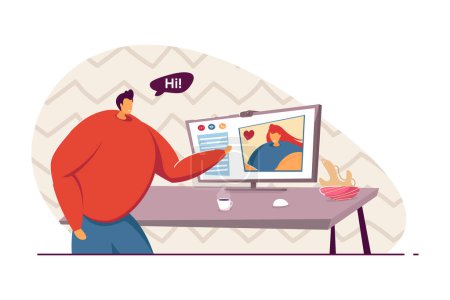 Boyfriend having video conference with girlfriend. Man greeting woman on computer screen flat vector illustration. Love, long distance relationship, communication concept for banner, website design