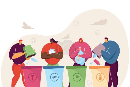 Cartoon people sorting garbage together. Flat vector illustration. Four men and women standing near containers for paper, plastic, organic and glass trash. Recycling, waste sorting, ecology concept